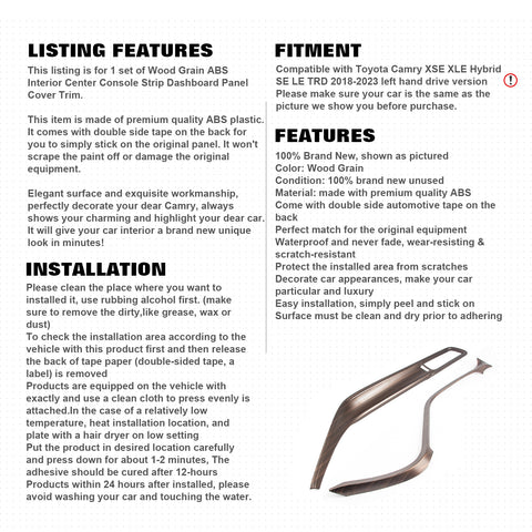 For Toyota Camry XSE XLE 2018-2023 Wood Grain Center Strip Dashboard Trims