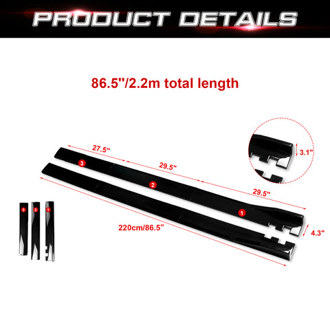 86.5 Inch/2.2M Car Lower Side Skirts Protect Rocker Panel Splitter Winglets Diffuser Bottom Line Extension Body Kit Universal Fit Most Vehicles (Glossy Black w/ Black Strip)