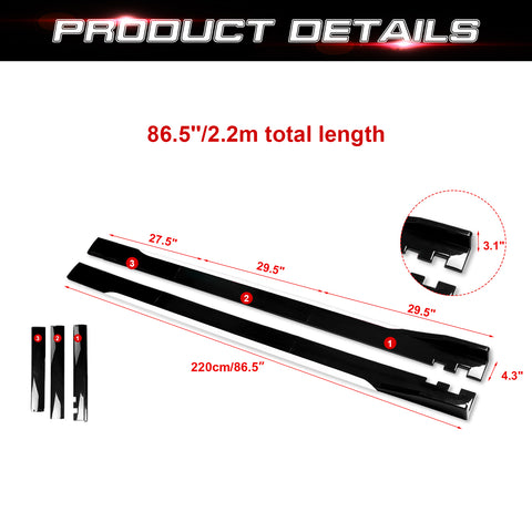 86.5 Inch/2.2M Car Lower Side Skirts Protect Rocker Panel Splitter Winglets Diffuser Bottom Line Extension Body Kit Universal Fit Most Vehicles (Glossy Black w/ White Strip)