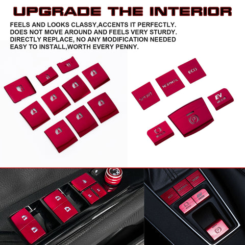 Set Red Window Switch+ Gear Shift Button Cover Accessories Trim Combo Kit, Compatible with Camry 2018-2023 (Fit For Hybrid type Only)