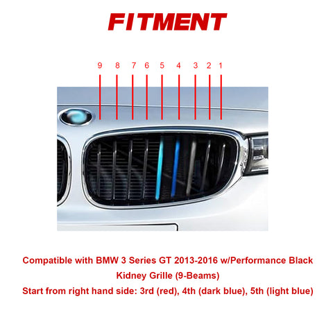 Tri-Colored Front Kidney Grille Strips Clip Cover For BMW 3 Series GT 2013-2016