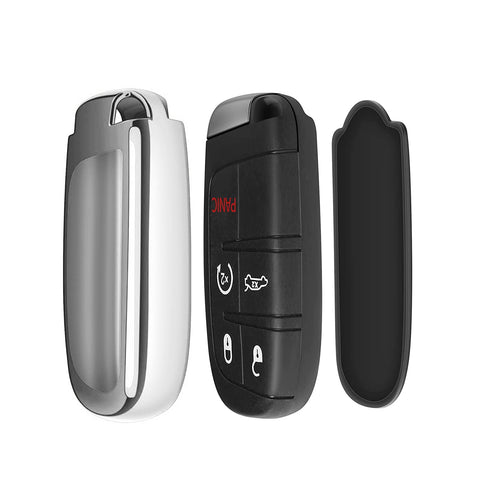 1x Glossy Silver TPU Keyless Remote FOB Shell Case W/ Black Keychain for Jeep Dodge Chrysler