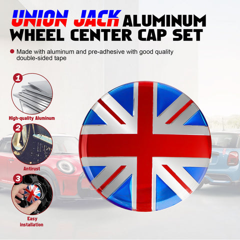 4x Black/Grey Union Jack UK Flag Style Wheel Center Cap Covers For MINI Coopers