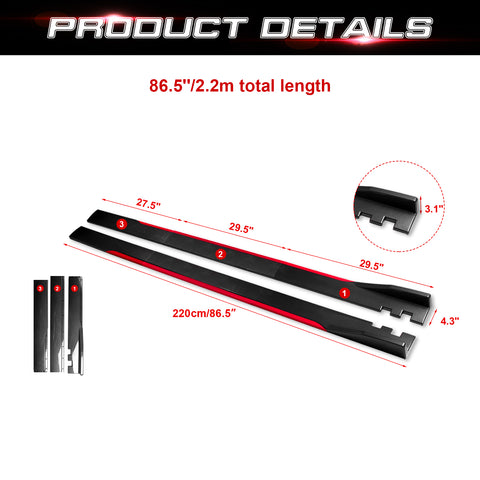 86.5 Inch/2.2M Car Lower Side Skirts Protect Rocker Panel Splitter Winglets Diffuser Bottom Line Extension Body Kit Universal Fit Most Vehicles (Cabron Fiber Pattern w/ Red Strip)