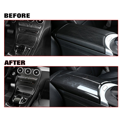 Carbon Fiber Look Gear Shift Panel Armrest Box Decor Trim For Benz C Class 15-18