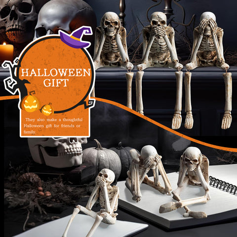 Set of 3 Halloween Statues See Speak Hear No Evil Skeleton Skull Bone Decoration