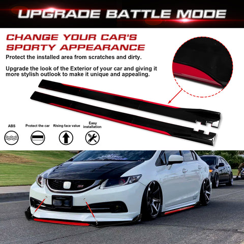 Front Bumper Lip Chin Spoiler+ 2.2M Side Skirt Winglets Diffusers+ Adjustable 10"-13" Support Rod Compatible with Honda Accord Civic or VW MK5 MK6 MK7 or Kia Optima, Glossy Black w/Red