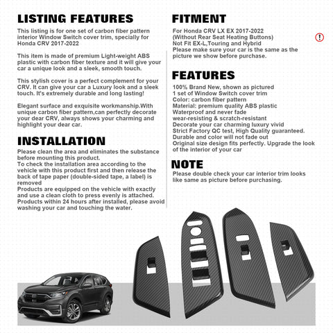 Carbon Fiber Black Inner Window Switch Panel Cover Trim For Honda CR-V 2017-2022