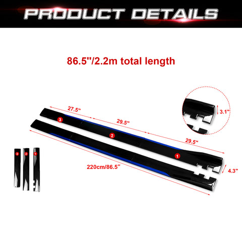 86.5 Inch/2.2M Car Lower Side Skirts Protect Rocker Panel Splitter Winglets Diffuser Bottom Line Extension Body Kit Universal Fit Most Vehicles (Glossy Black w/ Blue Strip)