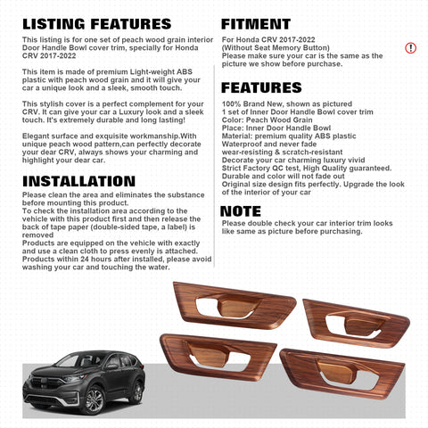 Peach Wood Grain Inner Door Handle Bowl Trim Cover For Honda CR-V 2017-2022