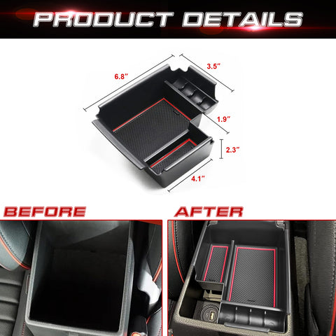 Center Console Armrest Box Secondary Storage Coin Holder Tray Organizer w/Red Anti-Dust Mats + 2PCS Soft Car Cup Holder Coasters, Compatible with Kia Forte 2019-2023