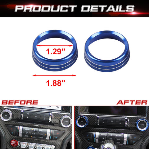 2pcs Centre Console Radio Volume Tune Switch Control Knob Surrounding Ring Decoration Covers Compatible with Ford Mustang 2015-up (Blue)