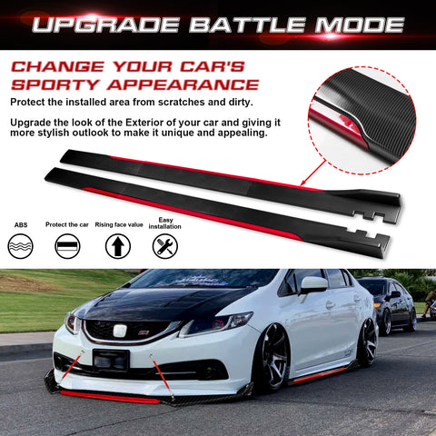 Front Bumper Lip Chin Spoiler+ 2M Side Skirt Winglets Diffusers+ Adjustable 10"-13" Support Rod Compatible with Honda Accord Civic or VW MK5 MK6 MK7 or Kia Optima, Carbon Fiber w/Red