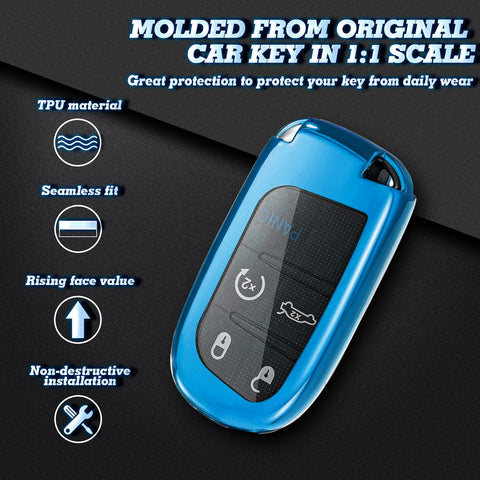 Glossy Blue TPU Keyless Remote FOB Case + Braided Keychain For Jeep Chrysler Dodge