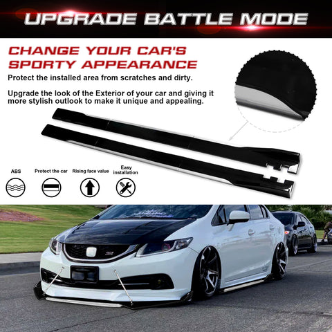 Front Bumper Lip Chin Spoiler+ 2M Side Skirt Winglets Diffusers+ Adjustable 10"-13" Support Rod Compatible with Honda Accord Civic or VW MK5 MK6 MK7 or Kia Optima, Glossy Black w/White