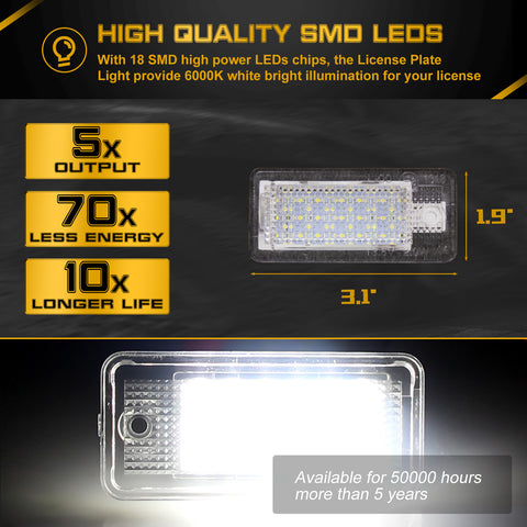 x xotic tech LED License Plate Lights Tag Lamps Replacement Compatible with Audi A3 S3 A4 S4 A6 S6 C6 A8 S8 Q7 RS4 RS6, Error Free 6000K Xenon White, 2Pcs