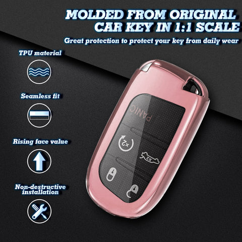 1x Glossy Rose Gold TPU SmartKey Remote Keyless FOB Case W/ Red Keychain For Jeep Dodge Chrysler