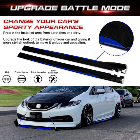 Front Bumper Lip Chin Spoiler+ 2.2M Side Skirt Winglets Diffusers+ Adjustable 10"-13" Support Rod Compatible with Honda Accord Civic or VW MK5 MK6 MK7 or Kia Optima, Glossy Black w/Blue