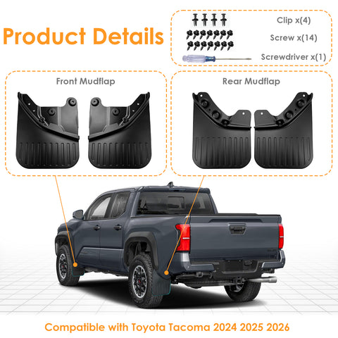 x xotic tech Mud Flaps Splash Guard Compatible with Toyota Tacoma 2024 2025 2026, No Drill Front & Rear Mudguards Fender Protector Set w/Hardware Pickup Truck Accessories(4PCS)