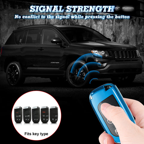 Glossy Blue TPU Keyless Remote FOB Case + Braided Keychain For Jeep Chrysler Dodge
