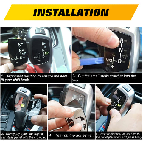 Gear Shift Knob Cover Trim + Gear Panel Button Decal Sticker Replacement Compatible with BMW 1 3 5 6 7 Series (Standard Basic Shifter Style)