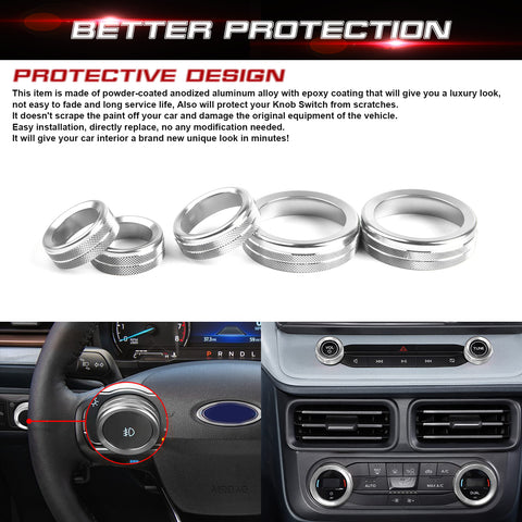 Air Conditioner Headlight Switch Knob, Headlight Volume Radio Control Knob Ring Cover, Compatible with Ford Maverick 2022 2023 (Aluminum Alloy, Silver) -5PCS