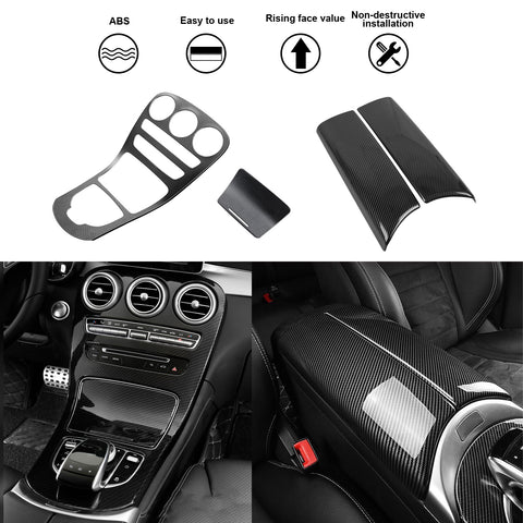 Carbon Fiber Look Gear Shift Panel Armrest Box Decor Trim For Benz C Class 15-18
