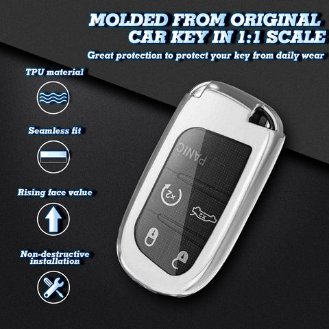 1x Glossy Silver TPU Keyless Remote FOB Shell Case W/ Black Keychain for Jeep Dodge Chrysler