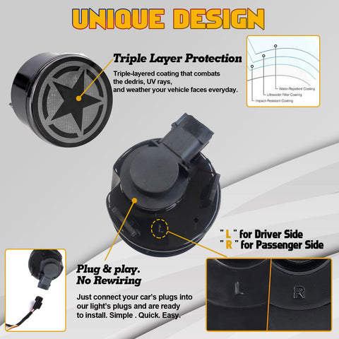 x xotic tech Smoked Lens Turn Signal Lights White Halo Ring DRL Amber LED Front Grill Indicator Parking Lights Lamp Assembly Replacement Compatible with Jeep Wrangler JK JKU 2007-2018