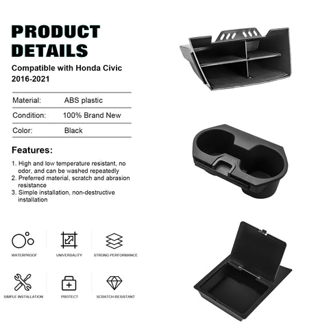 Armrest Box Hidden Storage Case Insert Tray Cup Holder For Honda Civic 10th Gen