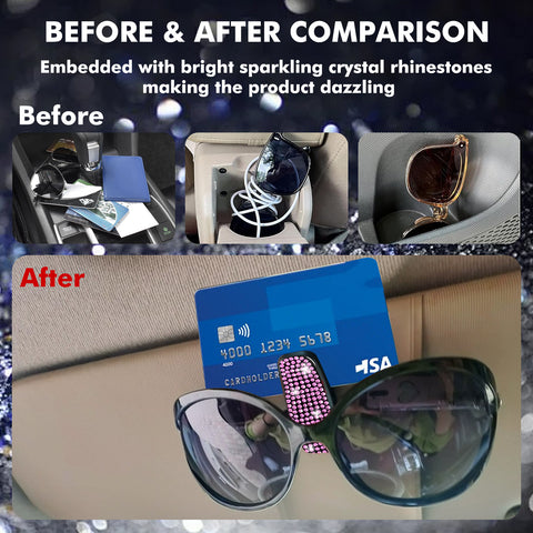 2PCS Universal Car Sun Visor Glasses Clip Rhinestone Sunglasses Cards Holder