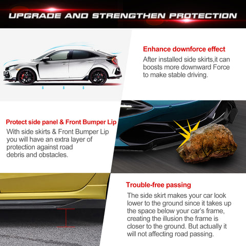 Front Bumper Lip Chin Spoiler+ 2.2M Side Skirt Winglets Diffusers+ Adjustable 10"-13" Support Rod Compatible with Honda Accord Civic or VW MK5 MK6 MK7 or Kia Optima, Carbon Fiber w/Red