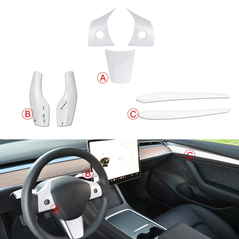 White Steering Wheel Paddle Shifter Door Panel Trim For Tesla Model 3 2021-2023 & Model Y 2020-up