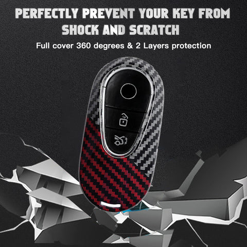x xotic tech Glossy Black/Red Mix Color Carbon Fiber Texture Hard Plastic Key Fob Cover Case Compatible with Mercedes Benz W223 S Class, W206 C Class, X254 GLC Class, EQS EQE Gen4 Oval Shape