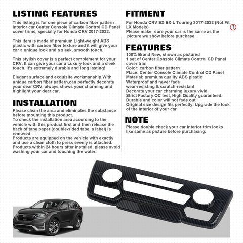 Carbon Fiber Look Console AC Climate Control CD Panel Cover For Honda CR-V 17-22