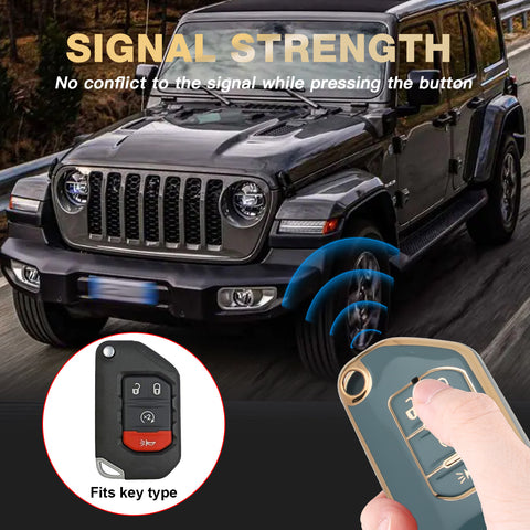 Green TPU Full Cover Folding Remote Key Fob Cover For Jeep Wrangler JLU 2018-22