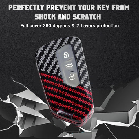 x xotic tech Glossy Black/Red Mix Color Carbon Fiber Texture Hard Plastic Key Fob Cover Case Compatible with Volkswagen MK8 VIII Golf/GTI ID.3 or Skoda Octavia or Seat Leon MK4 Tarraco Ateca