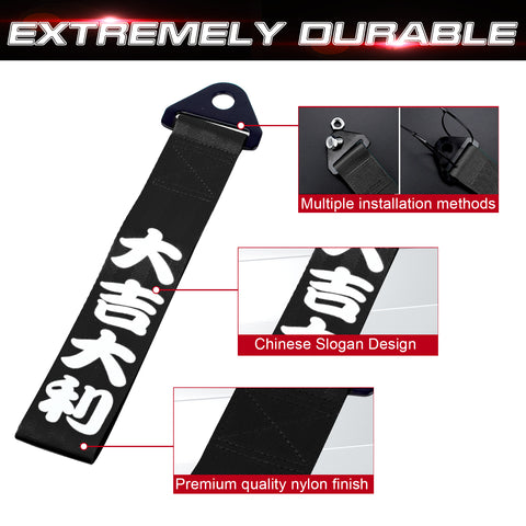 JDM Sports Tow Strap Racing Tow Strap with Chinese Slogan + Front Tow Hook Kit + Rear Tow Towing Hook Universal for Car (Good Luck & All The Best)