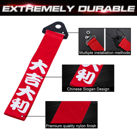 JDM Sports Tow Strap Racing Tow Strap with Chinese Slogan + Front Tow Hook Kit + Rear Tow Towing Hook Universal for Car (Good Luck & All The Best)