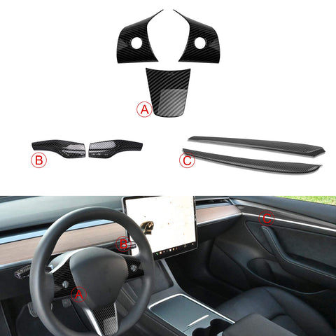 Carbon Fiber ABS Set Steering Paddle Shifter Door Side Trim For Tesla Model 3 Y
