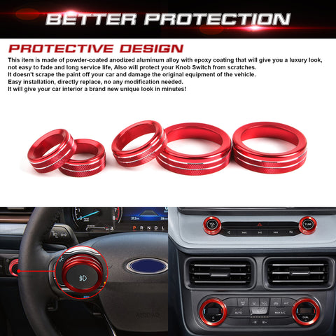 Air Conditioner Headlight Switch Knob, Headlight Volume Radio Control Knob Ring Cover, Compatible with Ford Maverick 2022 2023 (Aluminum Alloy, Red) -5PCS