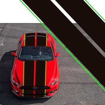 Glossy Black / Black Fluorescent Green Side Double-sided Vinyl Stripe Decal Sporty Sticker for Ford Mustang Hood Roof Rear Trunk