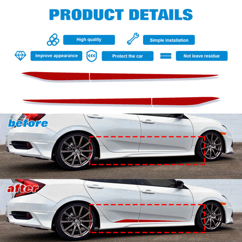 Car Side Skirt Stripe Vinyl Sticker Lower Door Panel Decal Molding Trim for Honda Civic 2016-2021, Black/Red