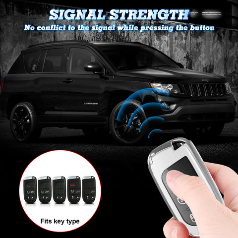 1x Glossy Silver TPU Keyless Remote FOB Shell Case W/ Black Keychain for Jeep Dodge Chrysler