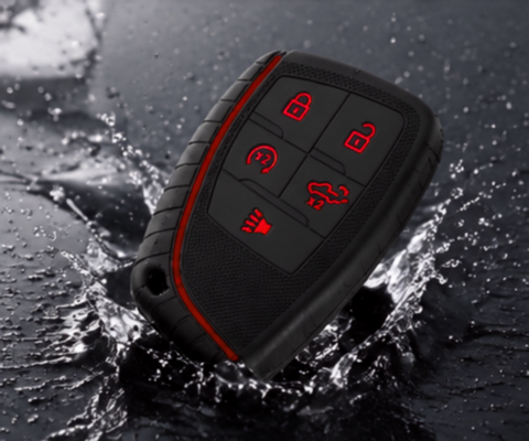 x xotic tech Silicone Smart Key Fob Cover Case Protector Gray w/Red Trim Fits Chevrolet Silverado 1500 2500HD 3500HD, Tahoe, Suburban & GMC Sierra, Yukon 5-Button Keyless Entry Remote Key Holder