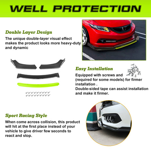 Xotic Tech Front Bumper Lip Chin Spoiler Splitter Diffuser Protector Body Kit Compatible with Honda Accord Civic or Volkswagen MK5 MK6 MK7 or Kia Optima or Mitsubishi Lancer, 4pcs