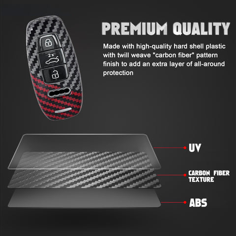 x xotic tech Glossy Black/Red Mix Color Carbon Fiber Texture Hard Plastic Key Fob Cover Case Compatible with Audi A3 A6 A7 A8 Q7 Q8 E-Tron S3 S6 RS6 RS7 S6 S7 SQ7 SQ8 3-Button