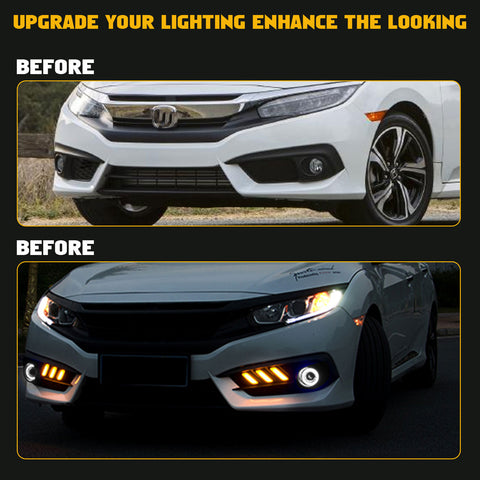Honda Civic 2016 2017 LED Daytime Running DRL / Turn Signal Light Headlight Kit Mustang Style Fog Light Bezels, Dual Color Dual Funtion