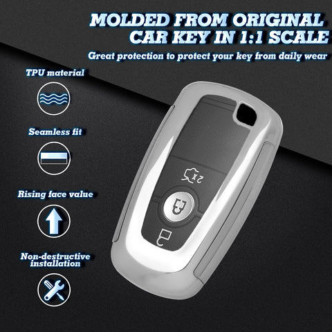 Silver TPU Key Fob Shell Full Cover Case w/Keychain, Compatible with Ford Edge
