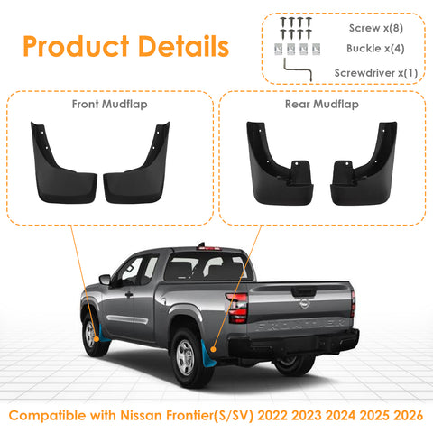 x xotic tech Mud Flaps Splash Guard Compatible with Nissan Frontier S/SV 2022 2023 2024 2025 2026 2027, No Drill Front & Rear Mudguards Fender Protector Set w/Hardware Pickup Truck Accessories(4PCS)